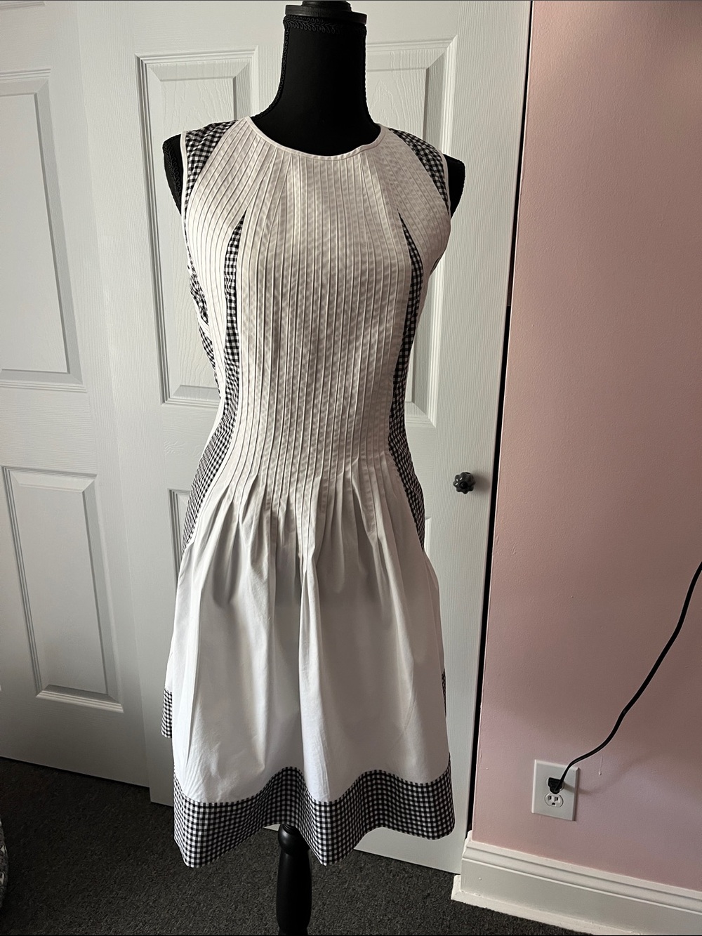 Diane Von Furstenberg White Midi Dress with Black Gingham Trim